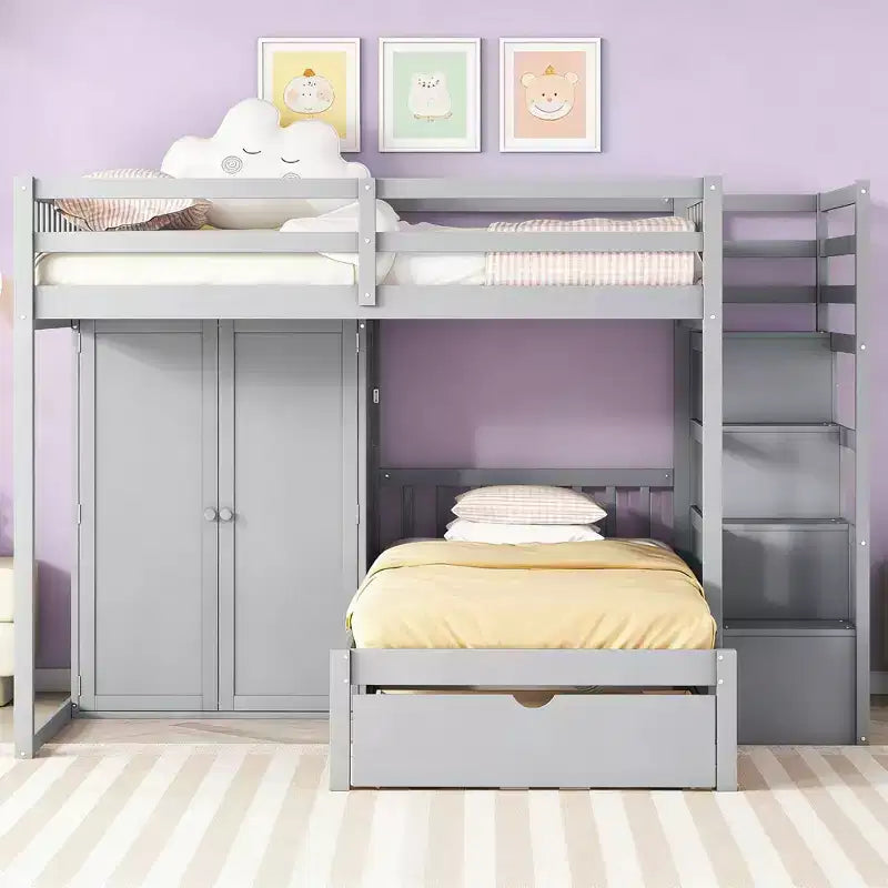 Letto a castello moderno una piazza e mezza su una piazza con armadio e 5 cassetti
