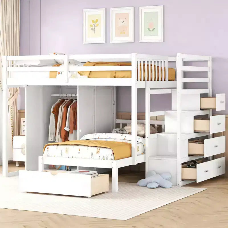 Letto a castello moderno una piazza e mezza su una piazza con armadio e 5 cassetti