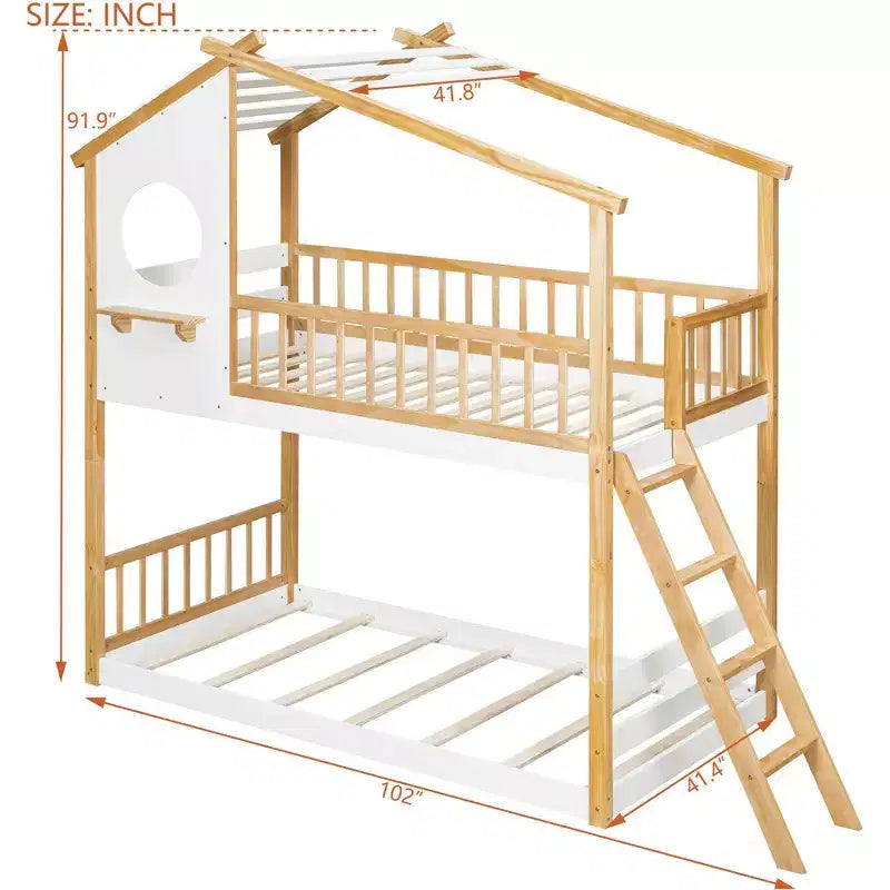 Letto a castello Twin su Twin con tetto e finestra, letto a castello per bambini in legno con scaletta e spondine, struttura in pino massiccio, naturale