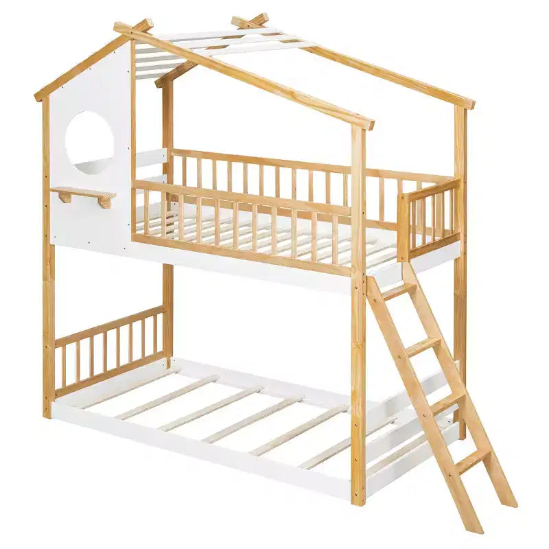 Letto a castello Twin su Twin con tetto e finestra, letto a castello per bambini in legno con scaletta e spondine, struttura in pino massiccio, naturale