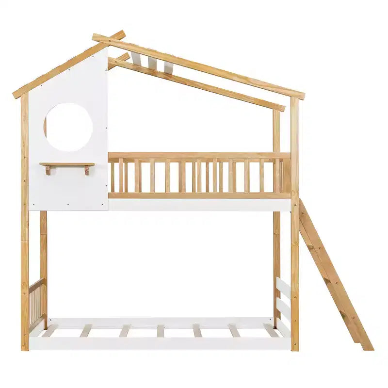 Letto a castello Twin su Twin con tetto e finestra, letto a castello per bambini in legno con scaletta e spondine, struttura in pino massiccio, naturale