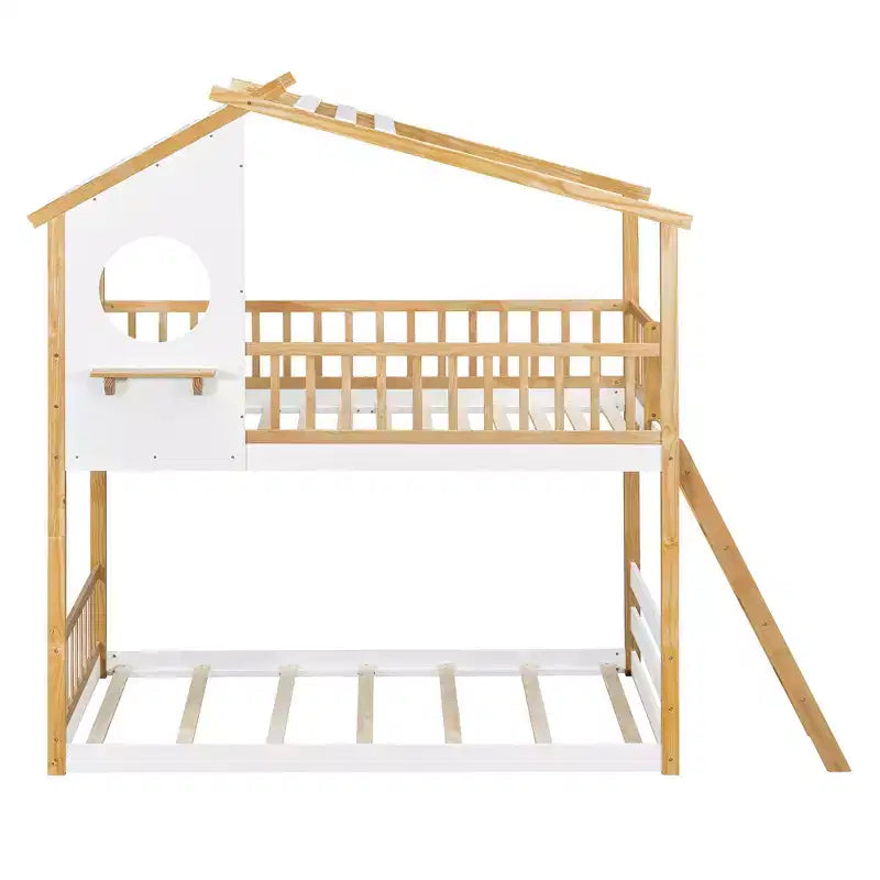 Letto a castello Twin su Twin con tetto e finestra, letto a castello per bambini in legno con scaletta e spondine, struttura in pino massiccio, naturale