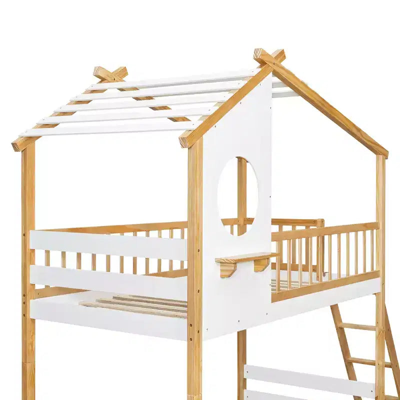 Letto a castello Twin su Twin con tetto e finestra, letto a castello per bambini in legno con scaletta e spondine, struttura in pino massiccio, naturale