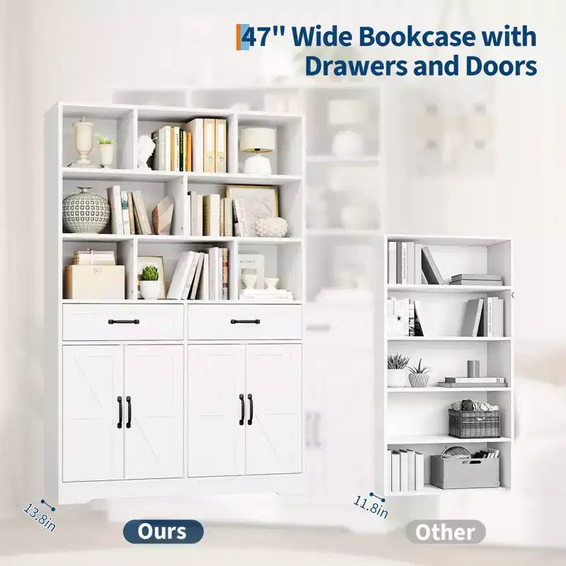 Grande Libreria in Legno per Bambini, 2 Cassetti, 4 Ante, Armadio Contenitore a 6 Ripiani, Scaffale Organizzatore Spazioso, per Soggiorno, Ufficio