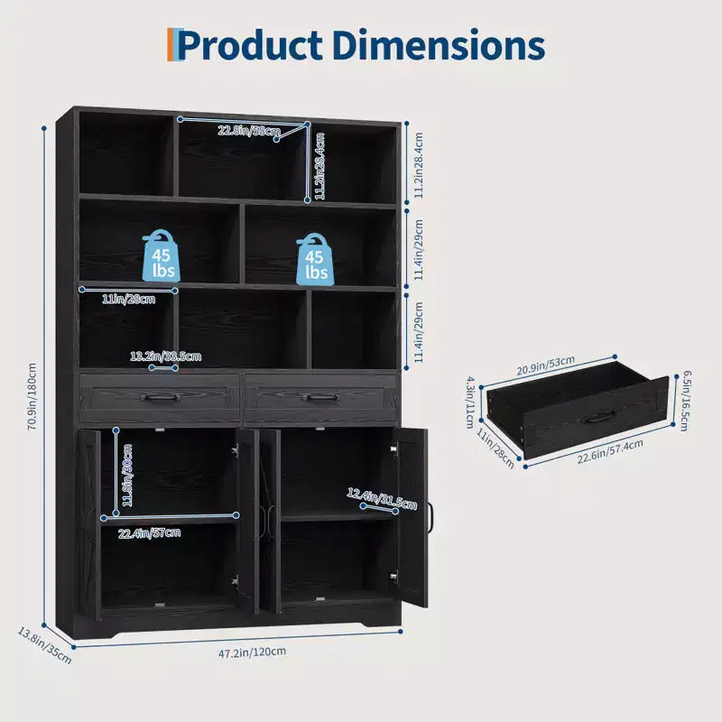 Grande Libreria in Legno per Bambini, 2 Cassetti, 4 Ante, Armadio Contenitore a 6 Ripiani, Scaffale Organizzatore Spazioso, per Soggiorno, Ufficio