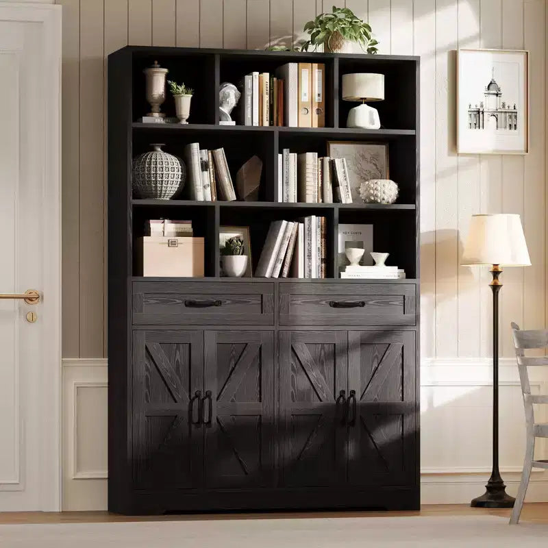 Grande Libreria in Legno per Bambini, 2 Cassetti, 4 Ante, Armadio Contenitore a 6 Ripiani, Scaffale Organizzatore Spazioso, per Soggiorno, Ufficio