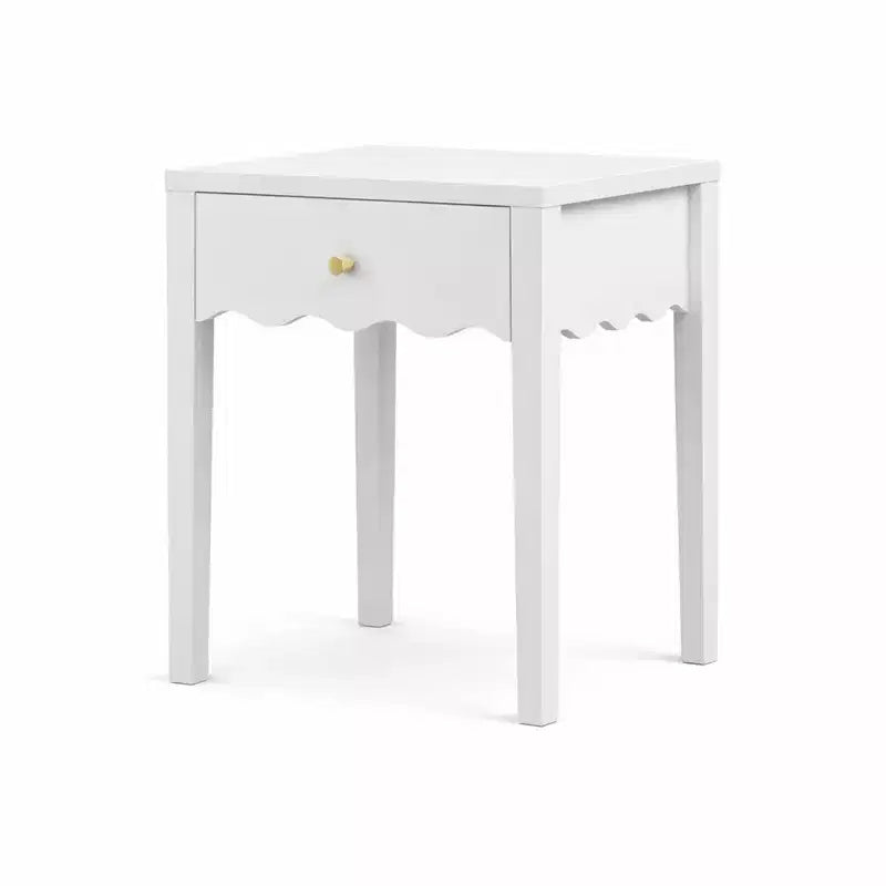 Comodino bianco con cassetto, tavolino moderno con design a grembiule ondulato, tavolino compatto per camera da letto e soggiorno, tavolino piccolo con contenitore