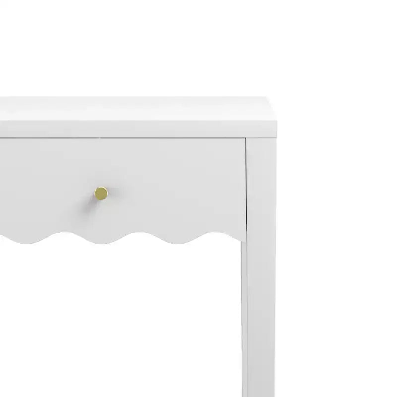 Comodino bianco con cassetto, tavolino moderno con design a grembiule ondulato, tavolino compatto per camera da letto e soggiorno, tavolino piccolo con contenitore