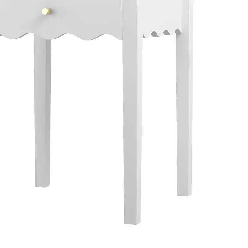 Comodino bianco con cassetto, tavolino moderno con design a grembiule ondulato, tavolino compatto per camera da letto e soggiorno, tavolino piccolo con contenitore