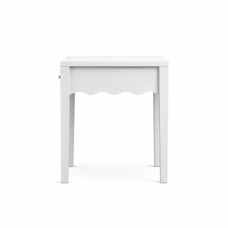Comodino bianco con cassetto, tavolino moderno con design a grembiule ondulato, tavolino compatto per camera da letto e soggiorno, tavolino piccolo con contenitore