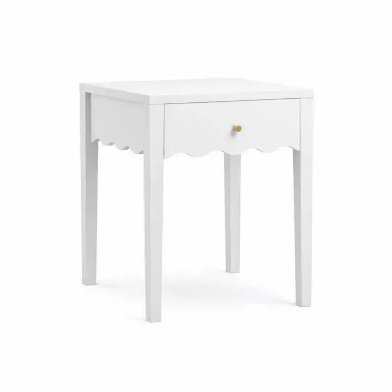 Comodino bianco con cassetto, tavolino moderno con design a grembiule ondulato, tavolino compatto per camera da letto e soggiorno, tavolino piccolo con contenitore