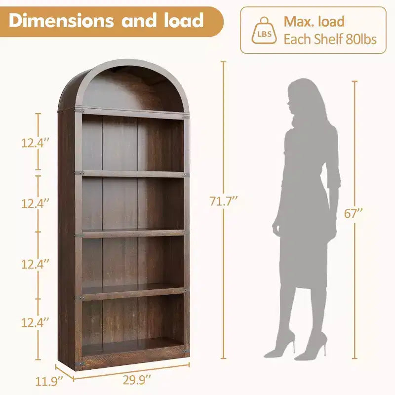 Libreria a cinque ripiani con arco, alta 182 cm, scaffale espositivo in stile rustico, in legno, per casa, ufficio e soggiorno