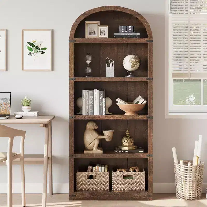 Libreria a cinque ripiani con arco, alta 182 cm, scaffale espositivo in stile rustico, in legno, per casa, ufficio e soggiorno