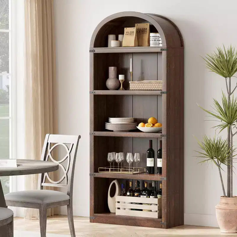 Libreria a cinque ripiani con arco, alta 182 cm, scaffale espositivo in stile rustico, in legno, per casa, ufficio e soggiorno