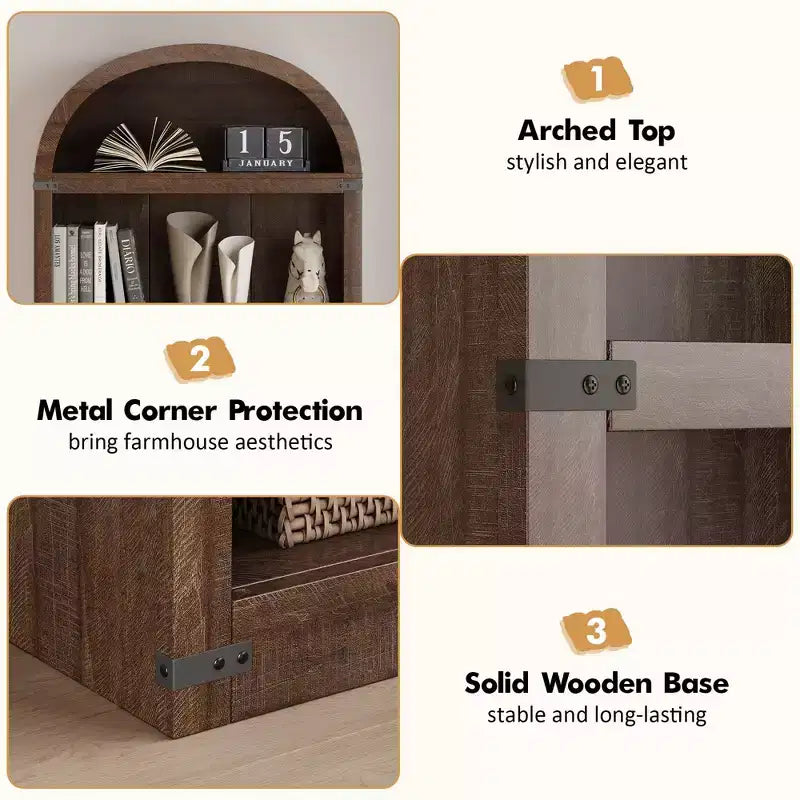 Libreria a cinque ripiani con arco, alta 182 cm, scaffale espositivo in stile rustico, in legno, per casa, ufficio e soggiorno