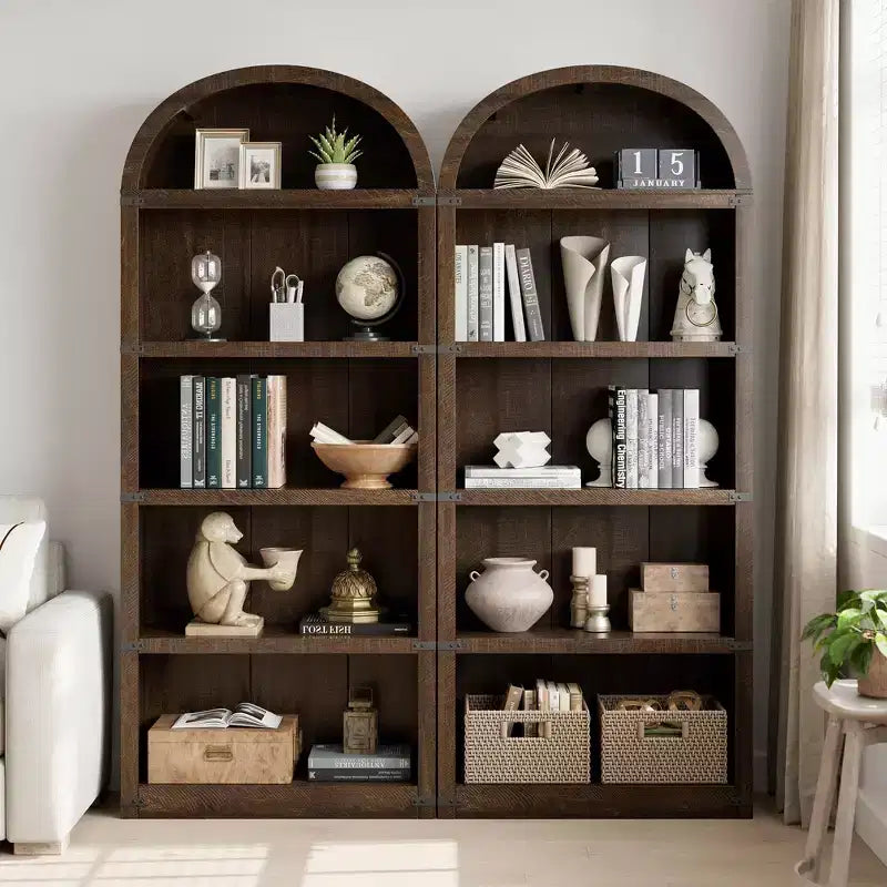 Libreria a cinque ripiani con arco, alta 182 cm, scaffale espositivo in stile rustico, in legno, per casa, ufficio e soggiorno