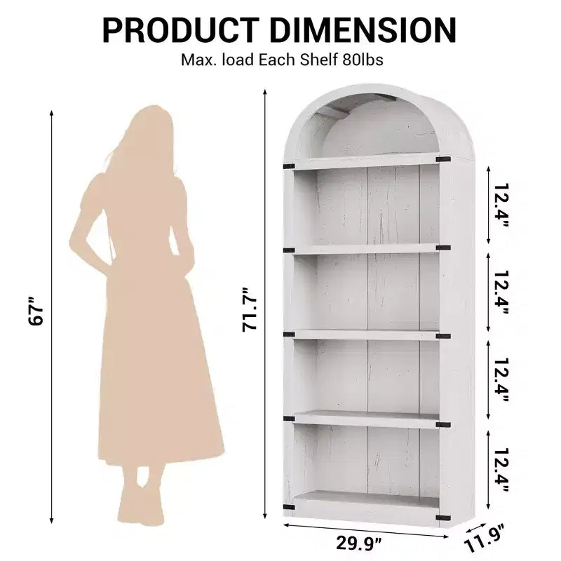 Libreria a cinque ripiani con arco, alta 182 cm, scaffale espositivo in stile rustico, in legno, per casa, ufficio e soggiorno