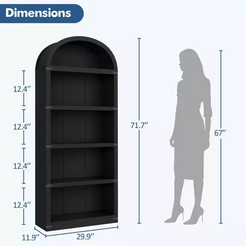 Libreria a cinque ripiani con arco, alta 182 cm, scaffale espositivo in stile rustico, in legno, per casa, ufficio e soggiorno