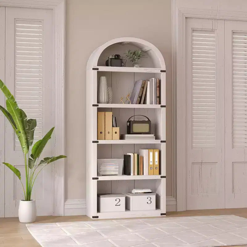 Libreria a cinque ripiani con arco, alta 182 cm, scaffale espositivo in stile rustico, in legno, per casa, ufficio e soggiorno