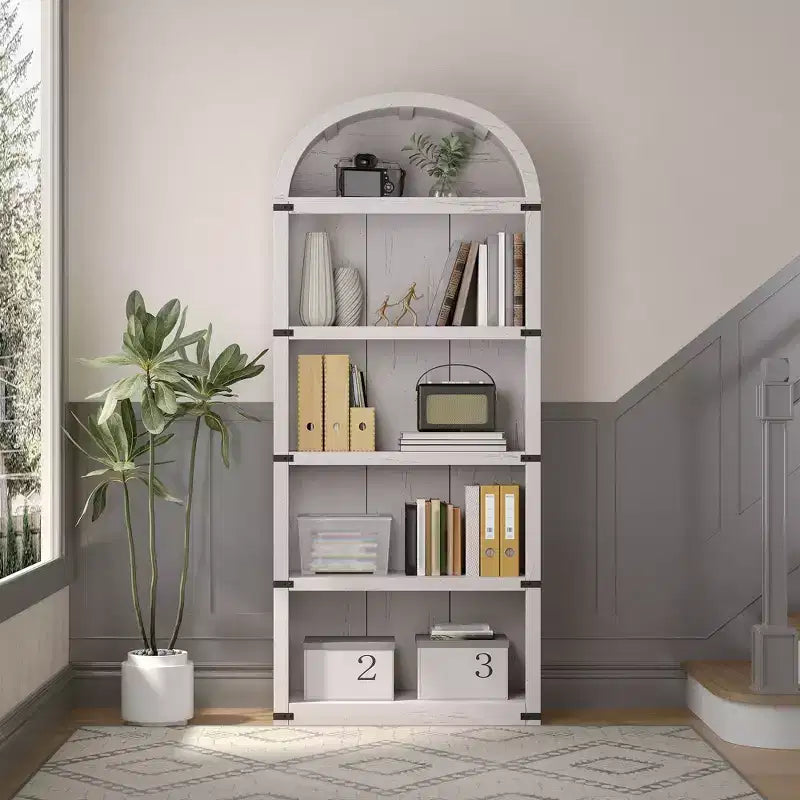 Libreria a cinque ripiani con arco, alta 182 cm, scaffale espositivo in stile rustico, in legno, per casa, ufficio e soggiorno