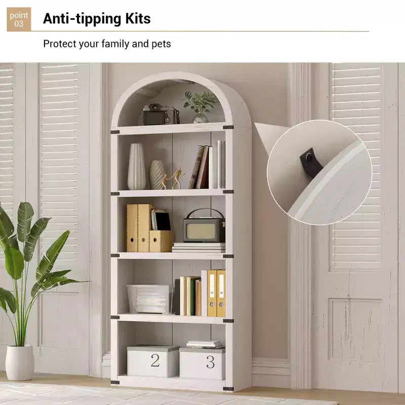 Libreria a cinque ripiani con arco, alta 182 cm, scaffale espositivo in stile rustico, in legno, per casa, ufficio e soggiorno