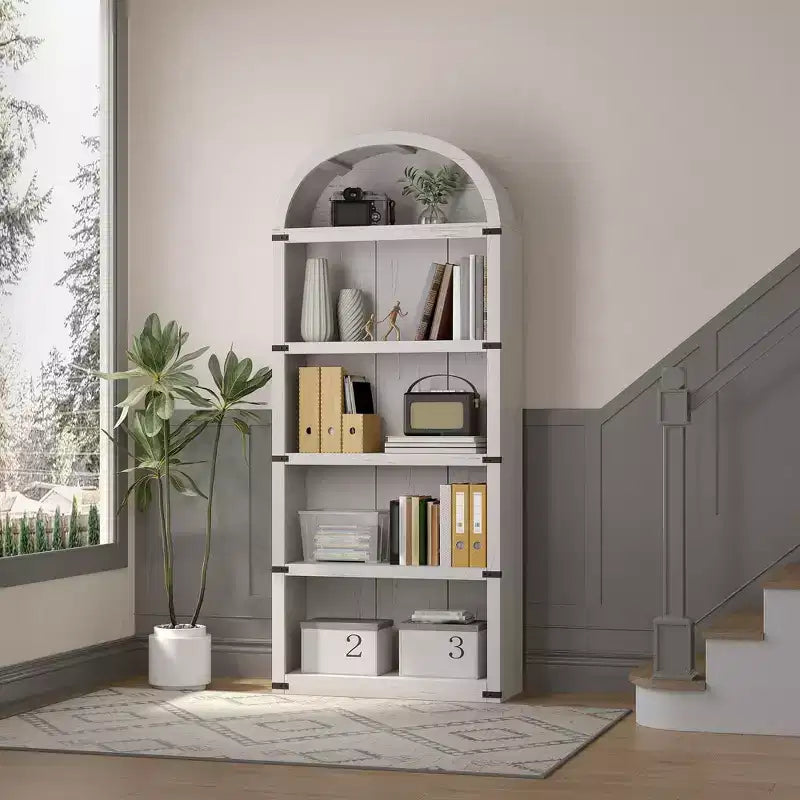Libreria a cinque ripiani con arco, alta 182 cm, scaffale espositivo in stile rustico, in legno, per casa, ufficio e soggiorno