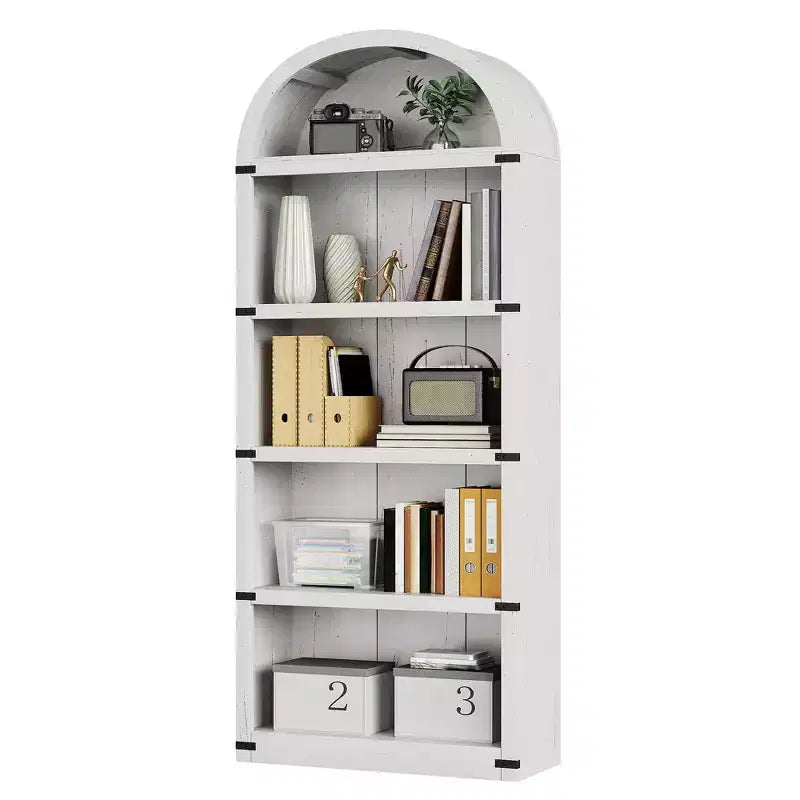 Libreria a cinque ripiani con arco, alta 182 cm, scaffale espositivo in stile rustico, in legno, per casa, ufficio e soggiorno