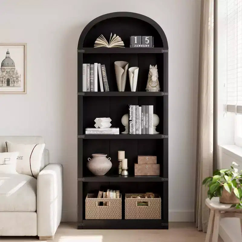 Libreria a cinque ripiani con arco, alta 182 cm, scaffale espositivo in stile rustico, in legno, per casa, ufficio e soggiorno