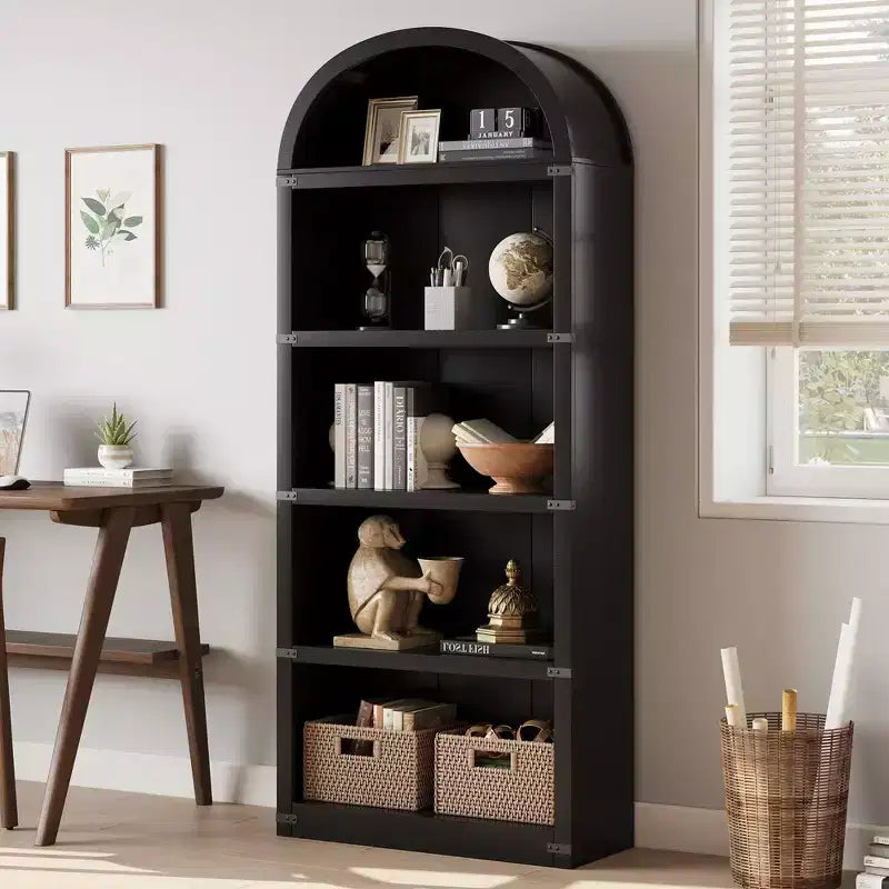 Libreria a cinque ripiani con arco, alta 182 cm, scaffale espositivo in stile rustico, in legno, per casa, ufficio e soggiorno