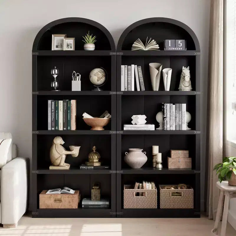Libreria a cinque ripiani con arco, alta 182 cm, scaffale espositivo in stile rustico, in legno, per casa, ufficio e soggiorno