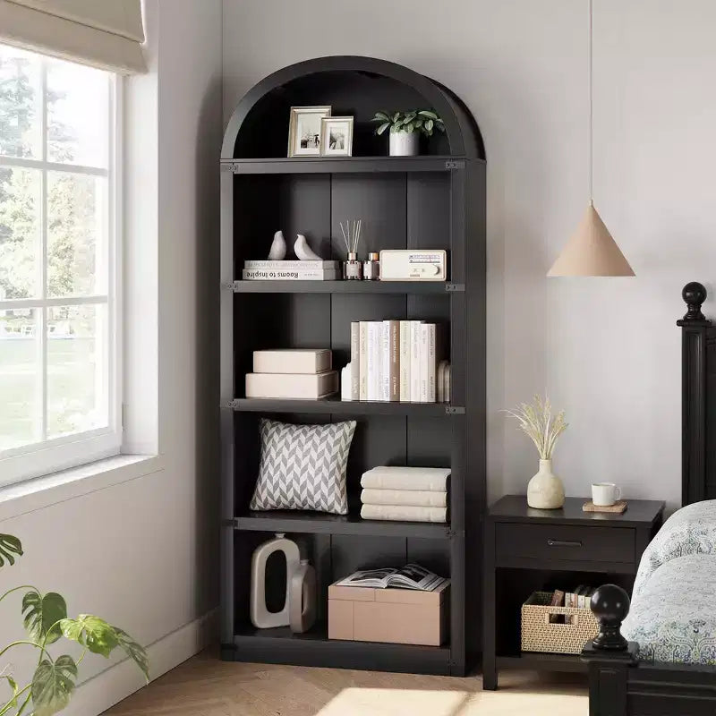 Libreria a cinque ripiani con arco, alta 182 cm, scaffale espositivo in stile rustico, in legno, per casa, ufficio e soggiorno