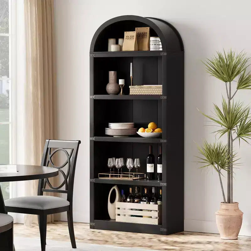 Libreria a cinque ripiani con arco, alta 182 cm, scaffale espositivo in stile rustico, in legno, per casa, ufficio e soggiorno