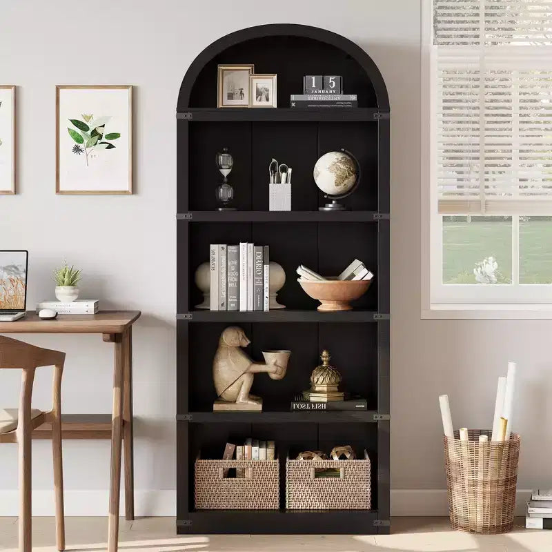 Libreria a cinque ripiani con arco, alta 182 cm, scaffale espositivo in stile rustico, in legno, per casa, ufficio e soggiorno