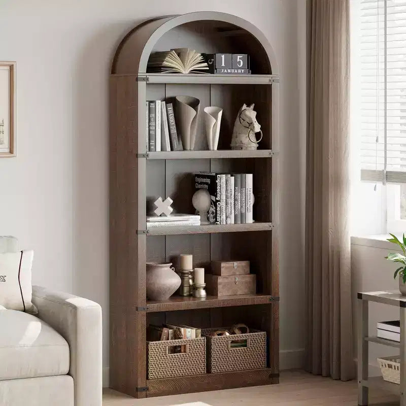 Libreria a cinque ripiani con arco, alta 182 cm, scaffale espositivo in stile rustico, in legno, per casa, ufficio e soggiorno