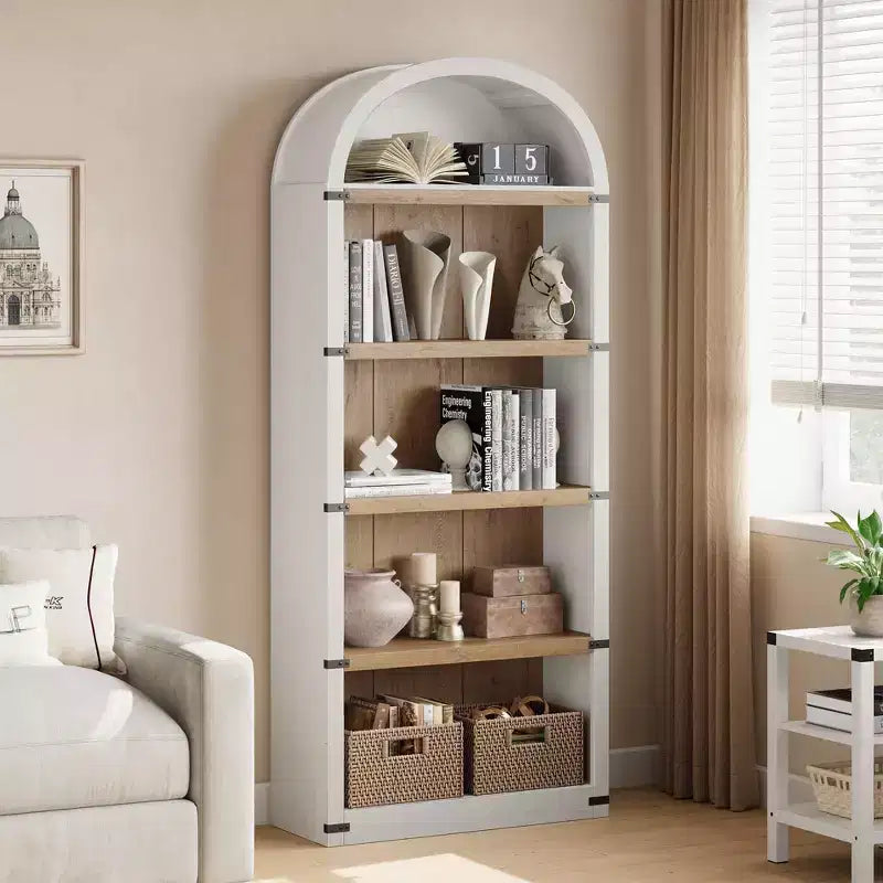 Libreria a cinque ripiani con arco, alta 182 cm, scaffale espositivo in stile rustico, in legno, per casa, ufficio e soggiorno