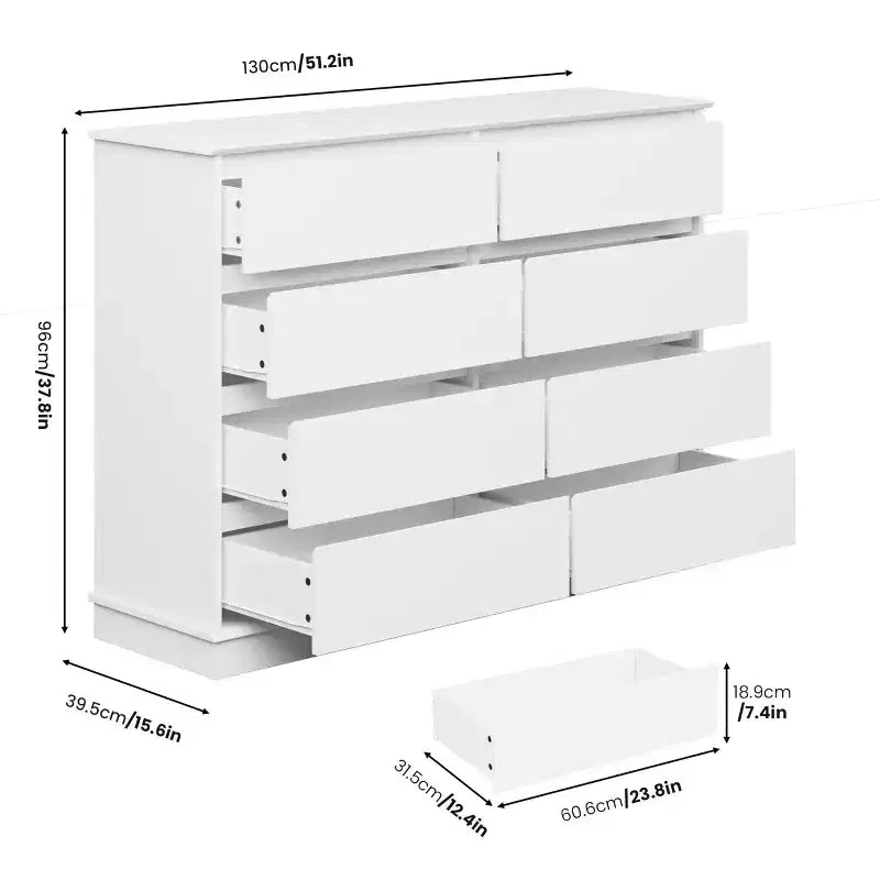 Cassettiera doppia a 8 cassetti, comò moderno in legno largo, dispositivo antiribaltamento, ampio armadio per vestiti, per soggiorno, ingresso