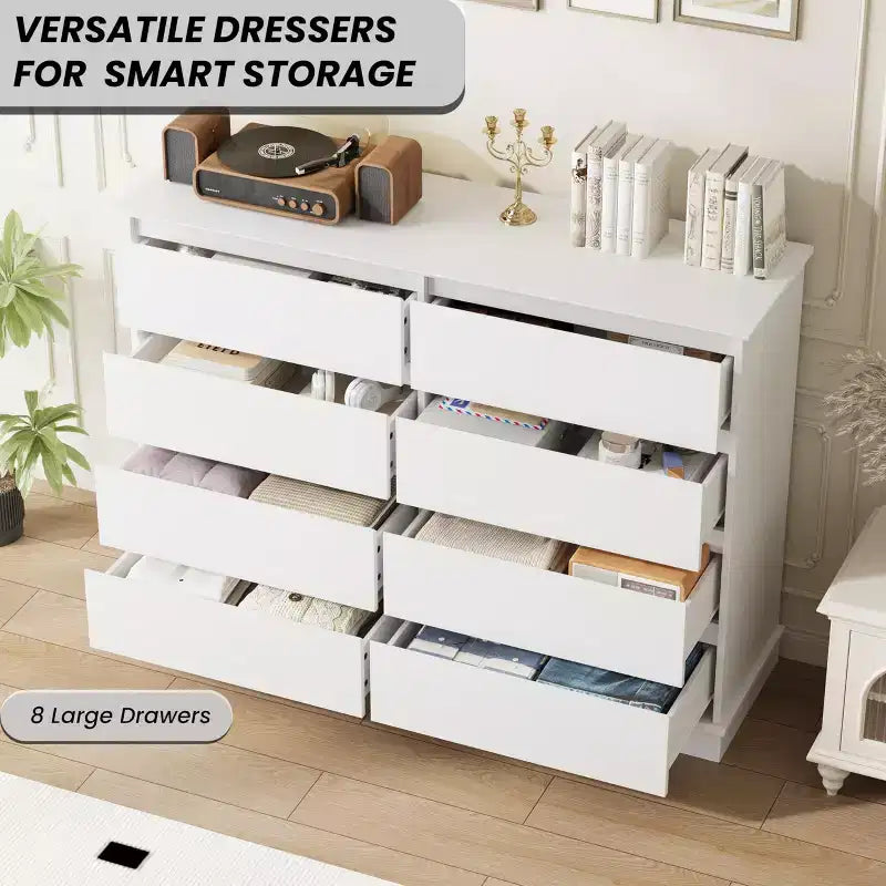 Cassettiera doppia a 8 cassetti, comò moderno in legno largo, dispositivo antiribaltamento, ampio armadio per vestiti, per soggiorno, ingresso