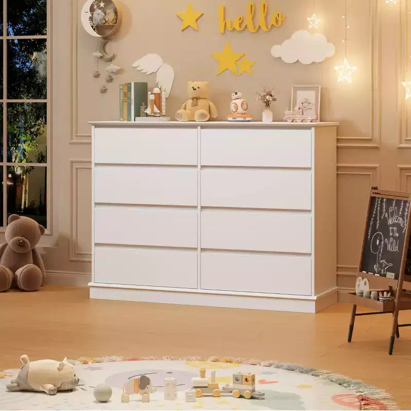 Cassettiera doppia a 8 cassetti, comò moderno in legno largo, dispositivo antiribaltamento, ampio armadio per vestiti, per soggiorno, ingresso