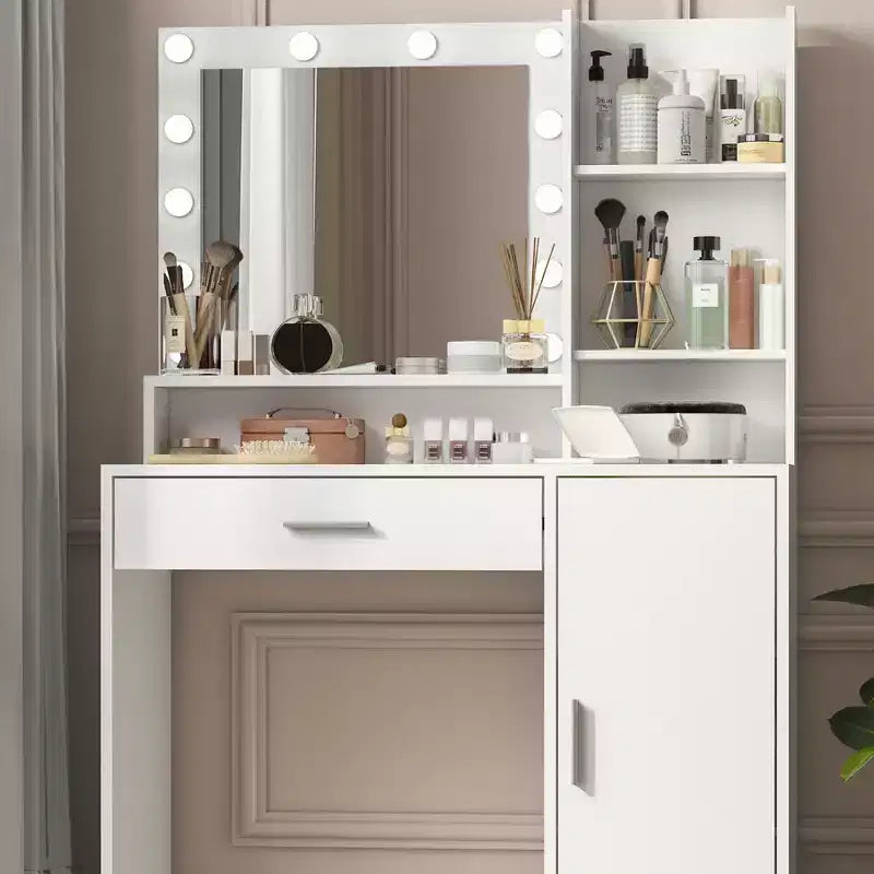 Toeletta da trucco bianca con specchio e luci, mobiletto e ripiani, ripiani a giorno per camera da letto, illuminazione dimmerabile