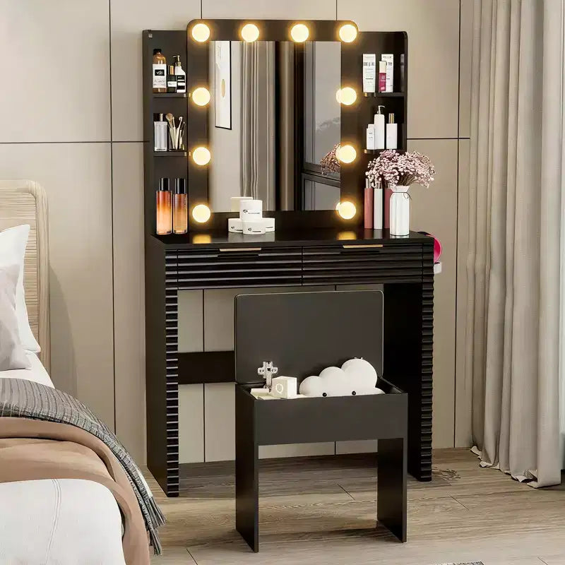 Toeletta moderna con specchio e luci, 2 cassetti, stazione di ricarica con Type-C, porta asciugacapelli e sgabello abbinato per piccoli spazi