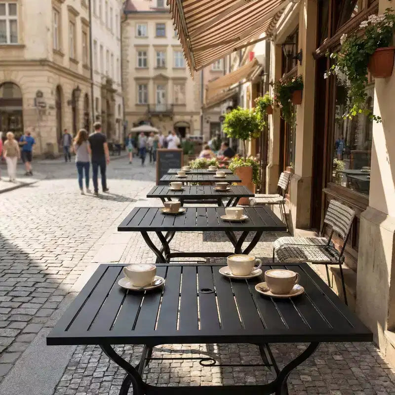 Tavolo da pranzo da esterno in metallo e acciaio con doghe resistenti, tavolo da bistrò quadrato per giardino, cortile e arredo esterno