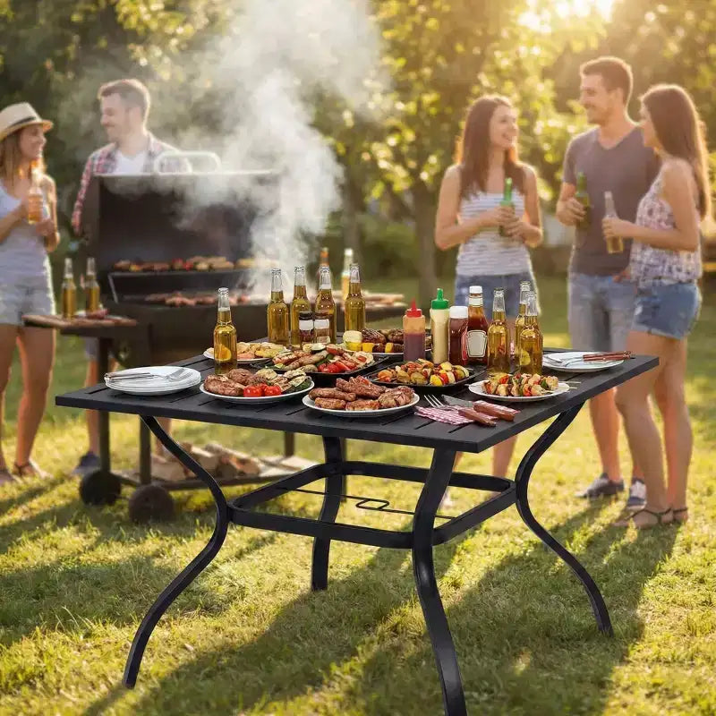Tavolo da pranzo da esterno in metallo e acciaio con doghe resistenti, tavolo da bistrò quadrato per giardino, cortile e arredo esterno
