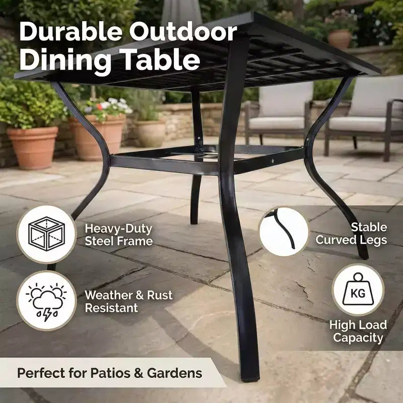Tavolo da pranzo da esterno in metallo e acciaio con doghe resistenti, tavolo da bistrò quadrato per giardino, cortile e arredo esterno