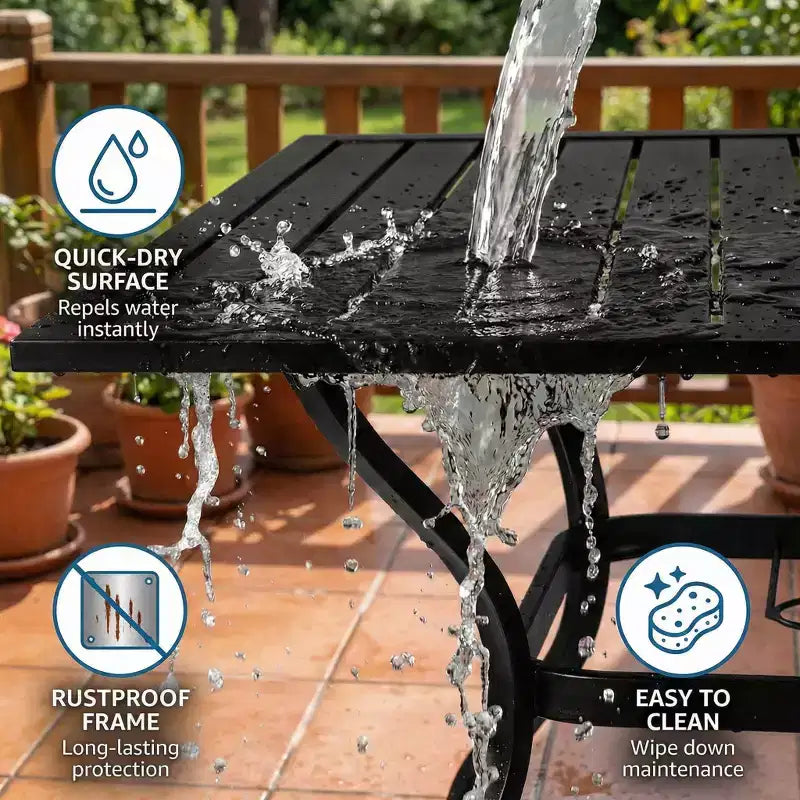 Tavolo da pranzo da esterno in metallo e acciaio con doghe resistenti, tavolo da bistrò quadrato per giardino, cortile e arredo esterno