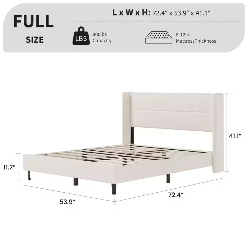 Struttura Letto Matrimoniale con Testiera a Orecchie, Letto Imbottito in Velluto, Supporto a Doghe in Legno, Nessun Box Spring Necessario, Silenzioso, Beige