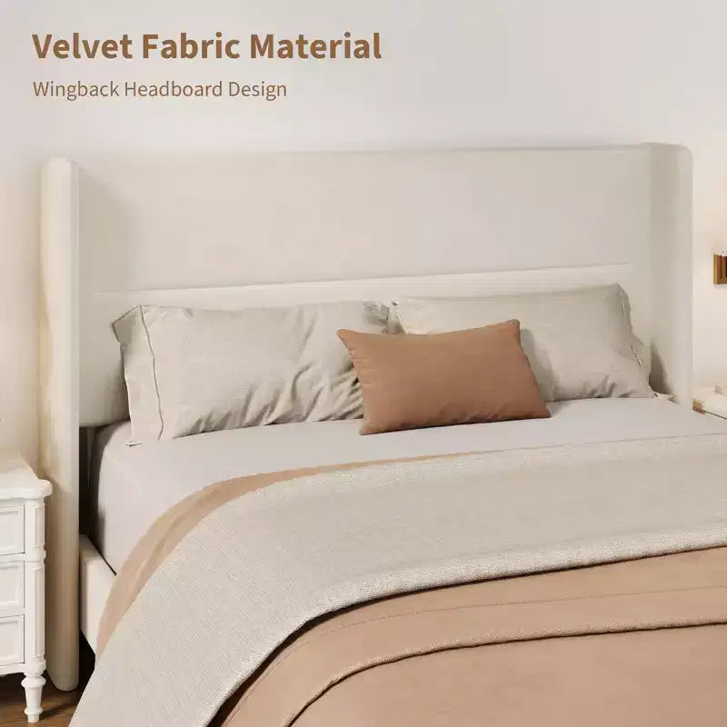 Struttura Letto Matrimoniale con Testiera a Orecchie, Letto Imbottito in Velluto, Supporto a Doghe in Legno, Nessun Box Spring Necessario, Silenzioso, Beige