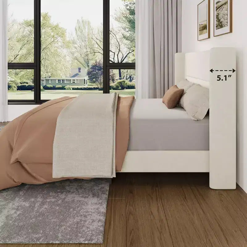 Struttura Letto Matrimoniale con Testiera a Orecchie, Letto Imbottito in Velluto, Supporto a Doghe in Legno, Nessun Box Spring Necessario, Silenzioso, Beige