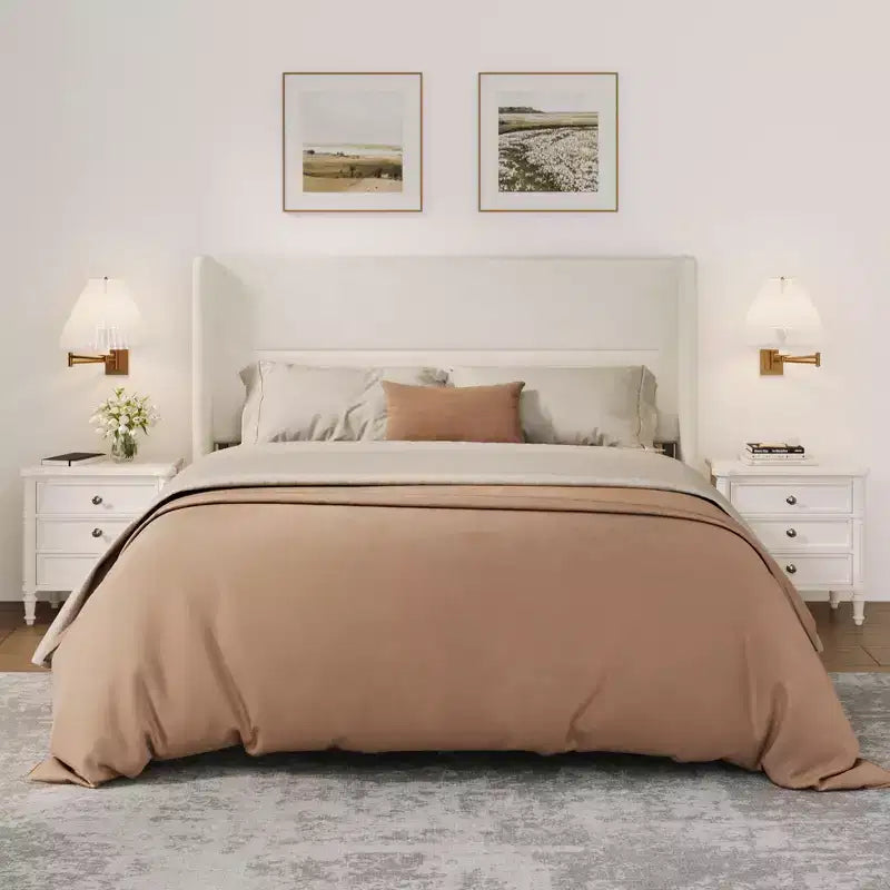 Struttura Letto Matrimoniale con Testiera a Orecchie, Letto Imbottito in Velluto, Supporto a Doghe in Legno, Nessun Box Spring Necessario, Silenzioso, Beige