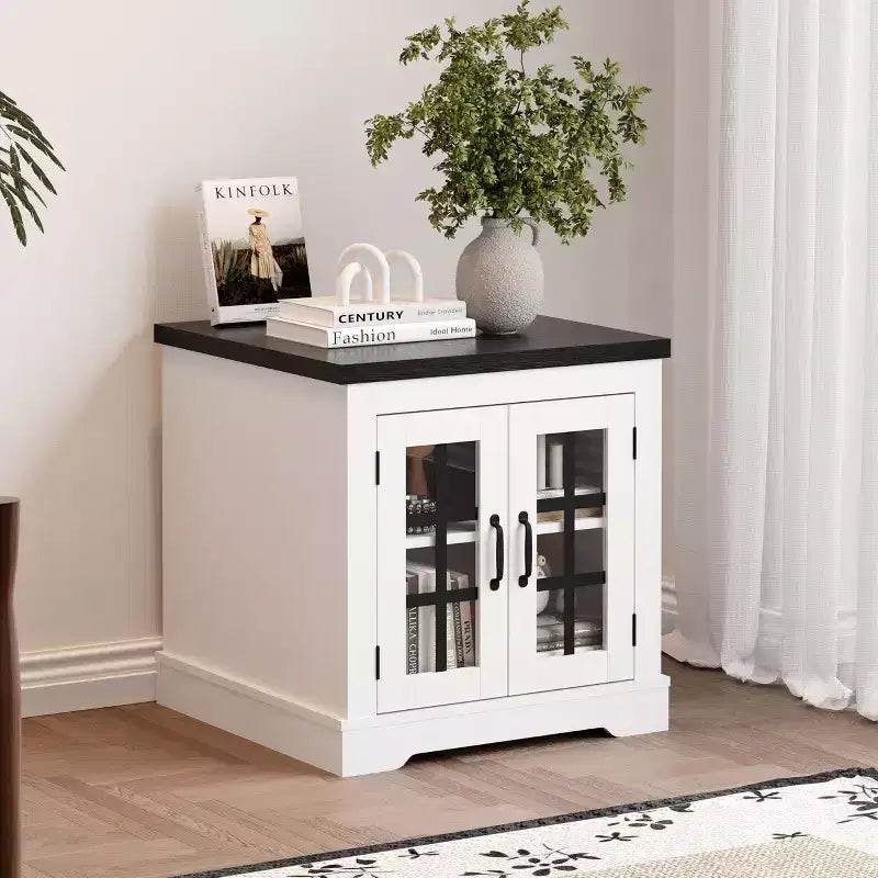 Credenza con Contenitore, Credenza con Ante in Vetro, Presa di Corrente Integrata, Top in Rilievo Nero, per Cucina