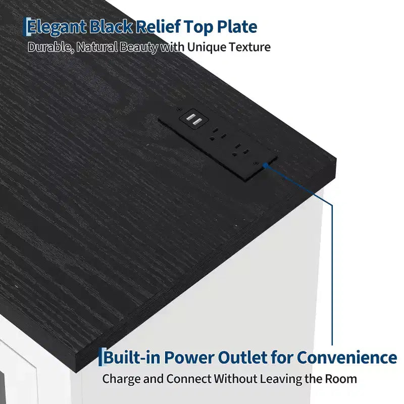 Credenza con Contenitore, Credenza con Ante in Vetro, Presa di Corrente Integrata, Top in Rilievo Nero, per Cucina